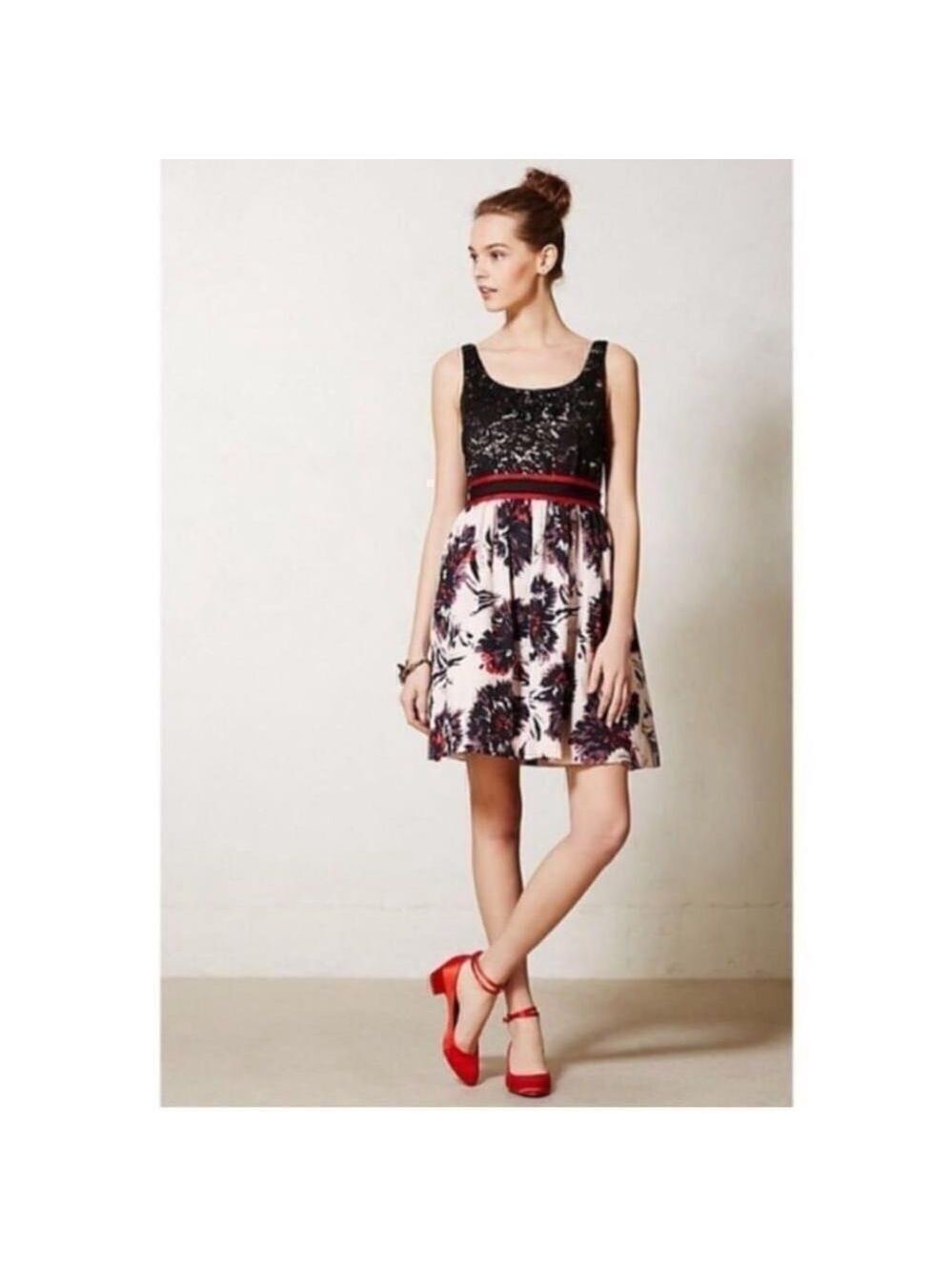 Peter Som Made in Kind Anthropologie black pink red fit and flare sequin dress